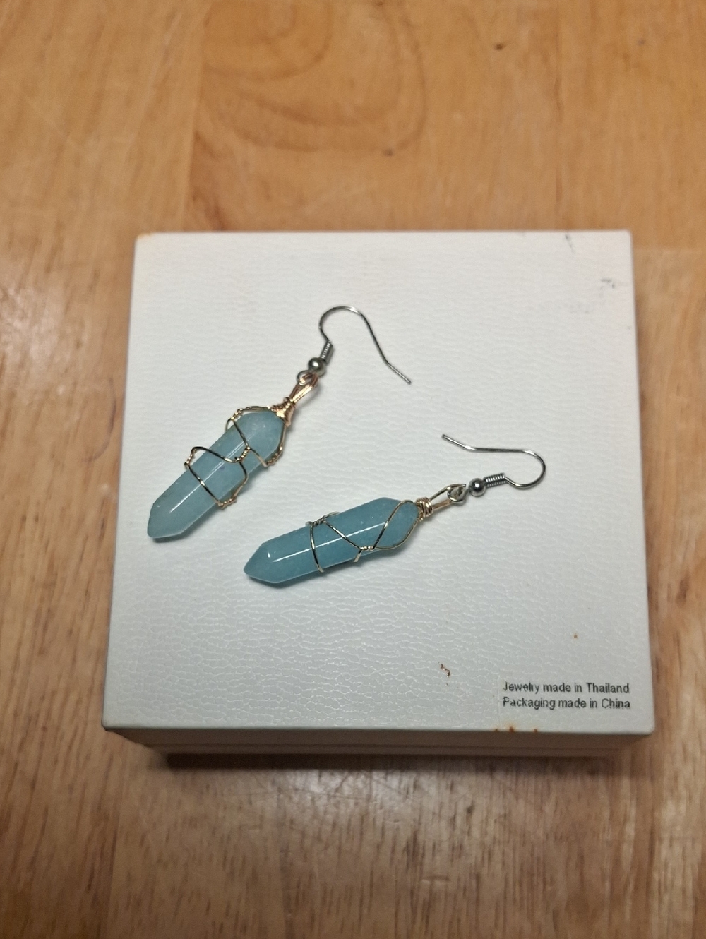 Light Blue Crystal Point Wire-Wrap Drop Earrings